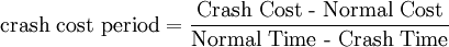  \text{crash cost period}  =  \frac{\text{Crash Cost - Normal Cost}}{\text{Normal Time - Crash Time}}