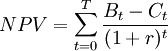 NPV = \sum_{t=0}^{T}\frac{B_t-C_t}{(1+r)^t}