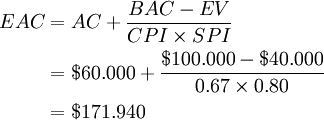 
\begin{align}
EAC &= AC + {BAC - EV \over CPI \times SPI}\\
&= $60.000 + {$100.000 - $40.000 \over 0.67 \times 0.80} \\
&= $171.940 \\
\end{align}
