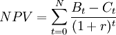 NPV = \sum_{t=0}^{N}\frac{B_t-C_t}{(1+r)^t}