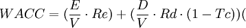 WACC = (\frac{E}{V}\cdot Re)+(\frac{D}{V}\cdot Rd \cdot (1-Tc)) (