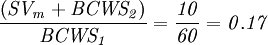 \frac{\left ({\mathit{SV_m}}+{\mathit{BCWS_2}} \right )}{\mathit{BCWS_1}}=\frac{\mathit{10}}{\mathit{60}}=\mathit{0.17}