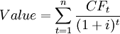 Value=\sum_{t=1}^{n} \frac{C F _{t}}{(1+i)^{t}}