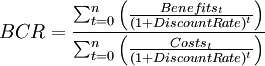 BCR = \frac{\sum_{t=0}^n \left(\frac{Benefits_t}{(1+Discount Rate)^t}\right)}{\sum_{t=0}^n \left(\frac{Costs_t}{(1+Discount Rate)^t}\right)}